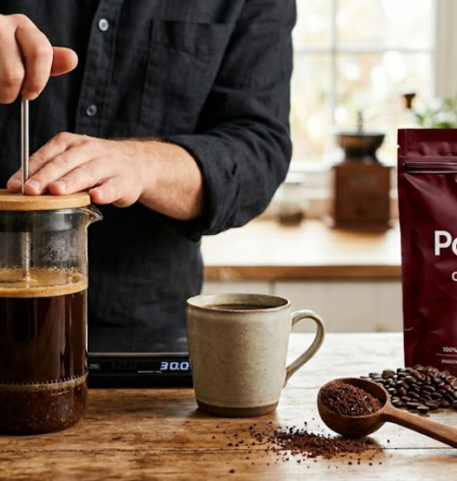 preparo de café na prensa francesa com moagem grossa