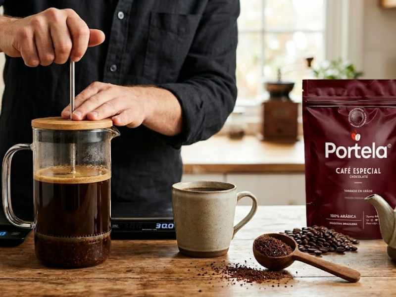 preparo de café na prensa francesa com moagem grossa